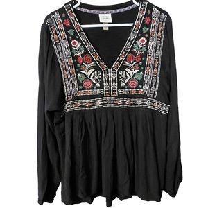 Knox Rose Womens Mixed Media Boho V Neck Embroidered Black Pop Over Top Size XL